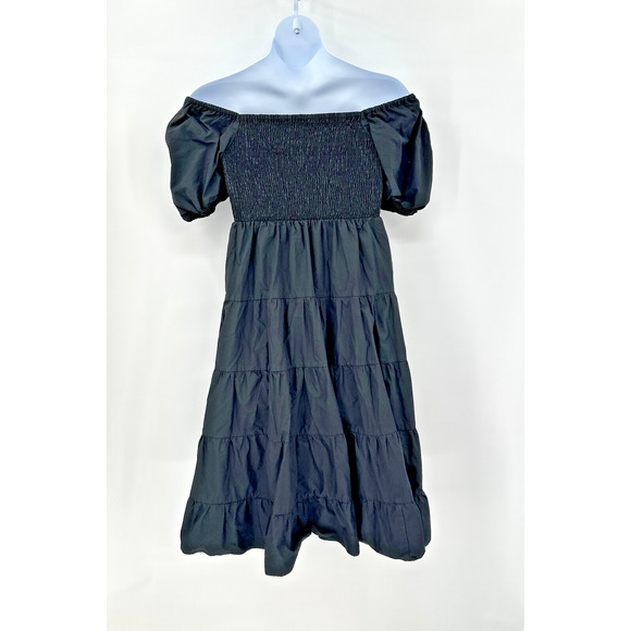 Cottagecore Black Puff Sleeve Midi Dress Medium Smocked Bodice Tiered Romantic - Picture 5 of 9